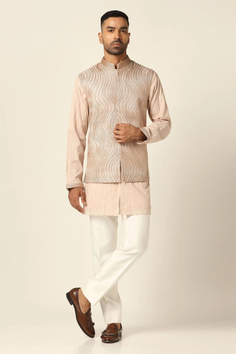 Peach Embroidered Nehru Jacket Set