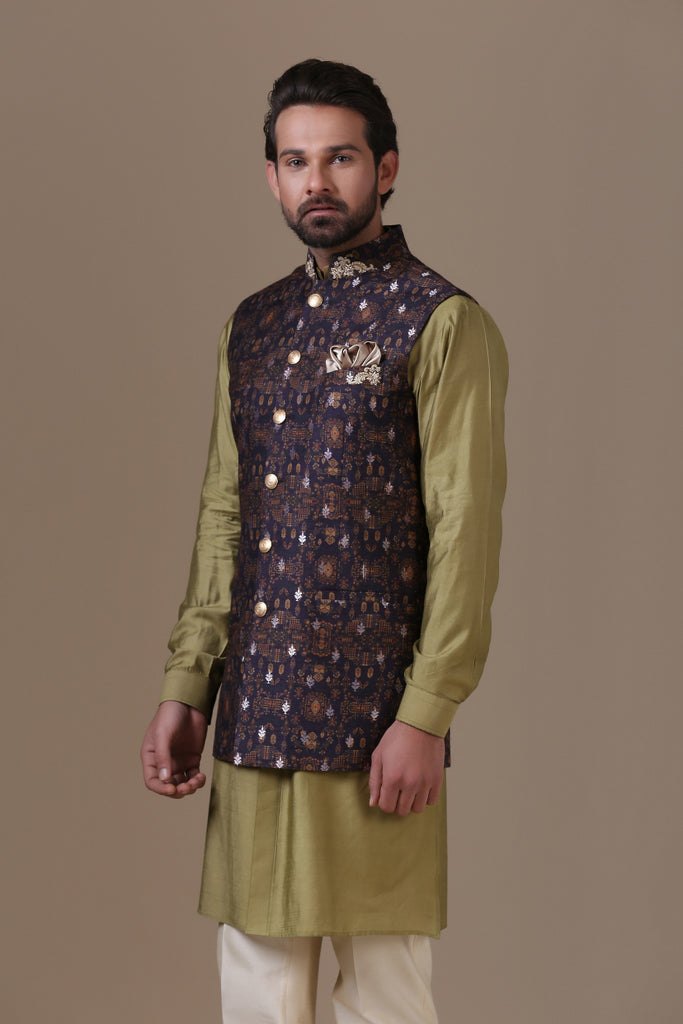 Navy Printed Jacket with Kurta Pajama