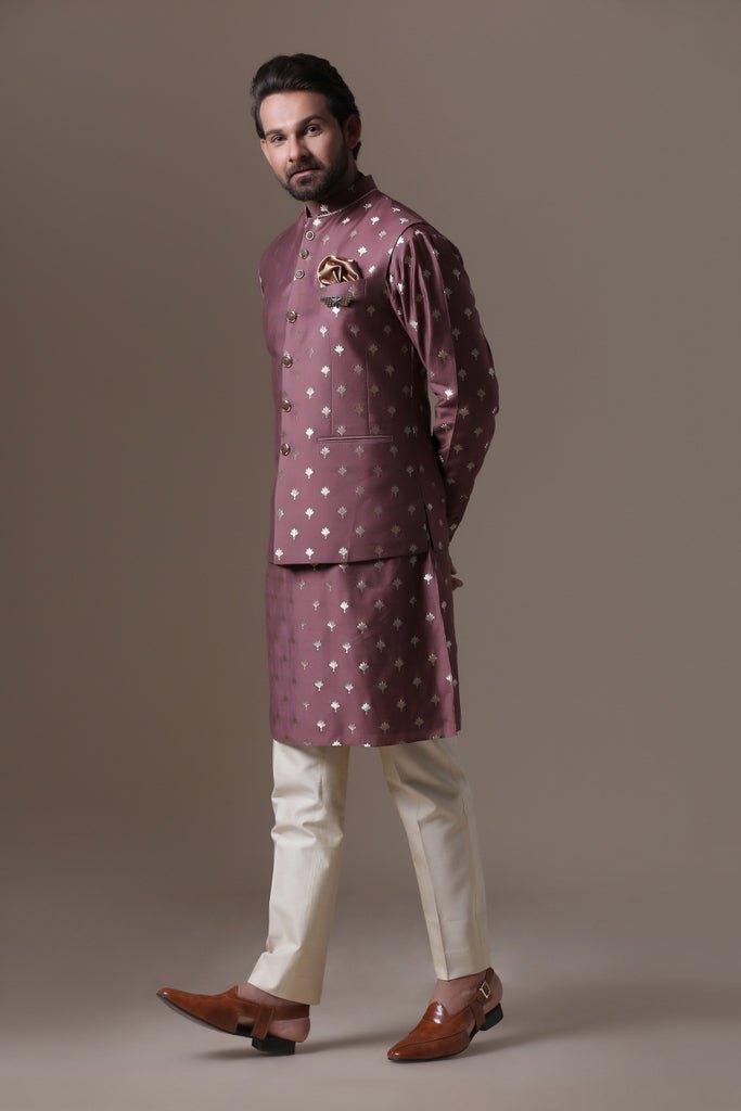 Maroon Printed Jacket with Kurta Pajama