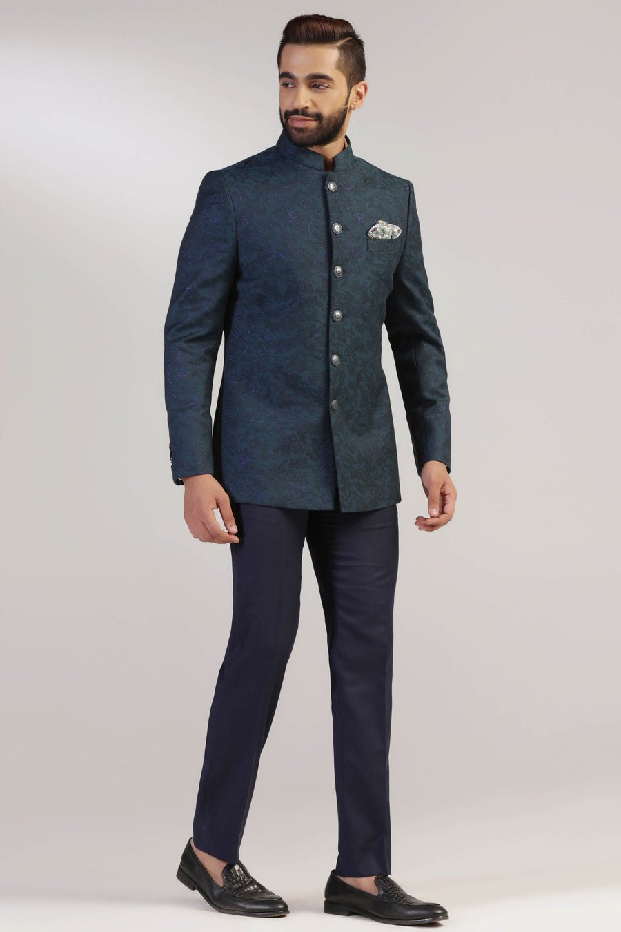 Teal Jacquard Bandhgala