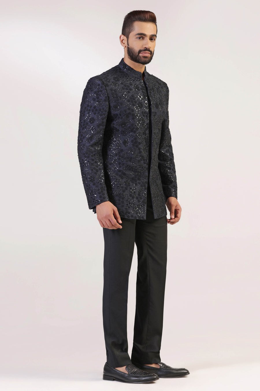Navy Leather Detail Bandhgala Suit