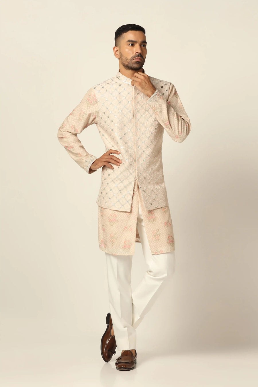 Peach Nehru Jacket Set Embroidery