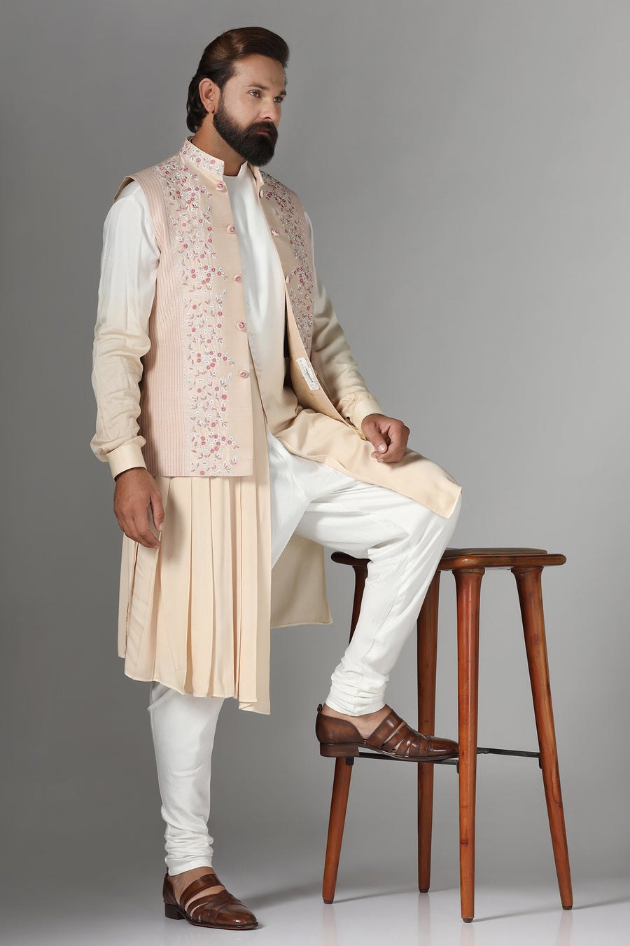 Embroidered Light Peach Nehru Jacket Set