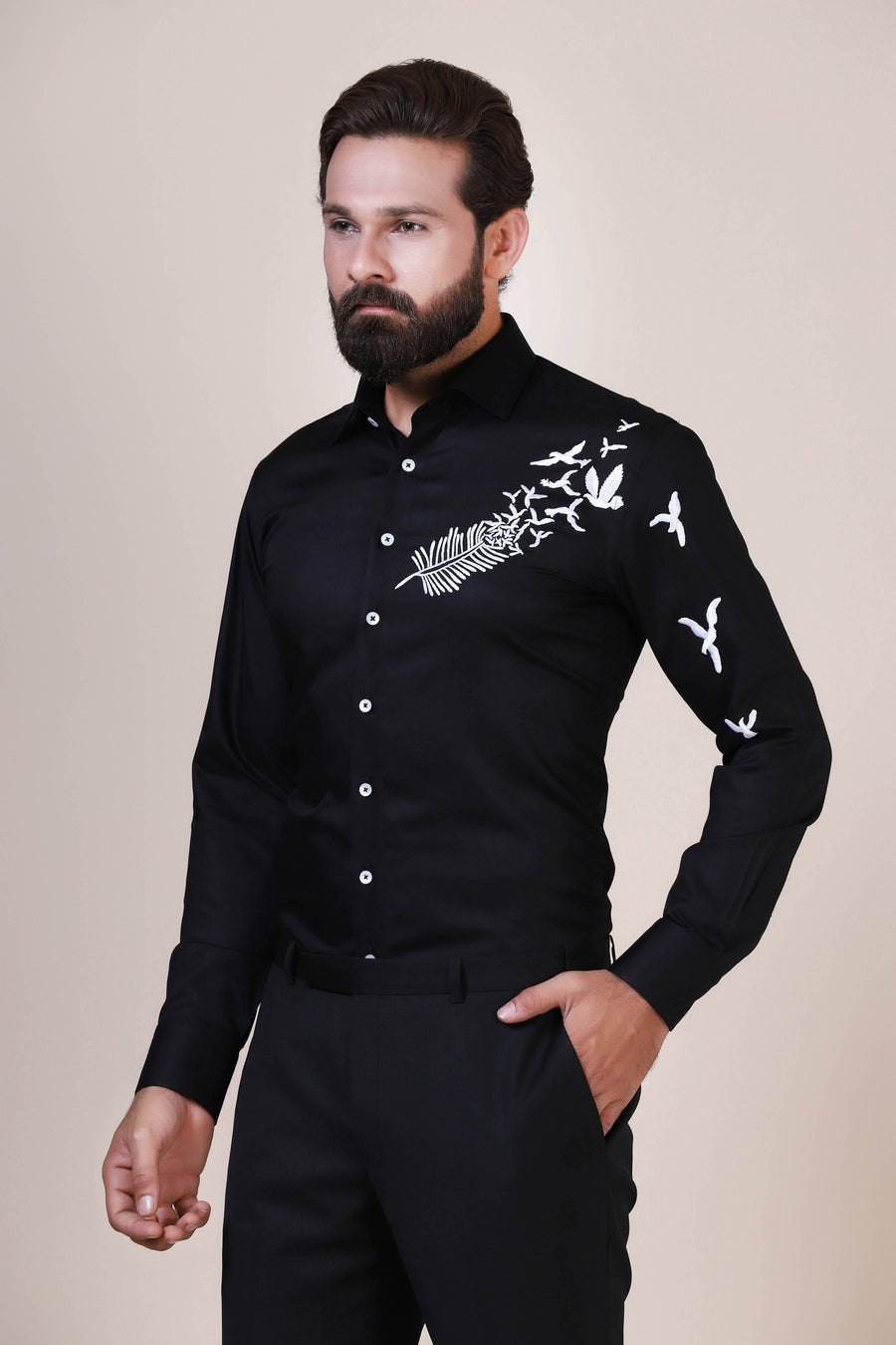 Black Shirt with Birds Embroidery