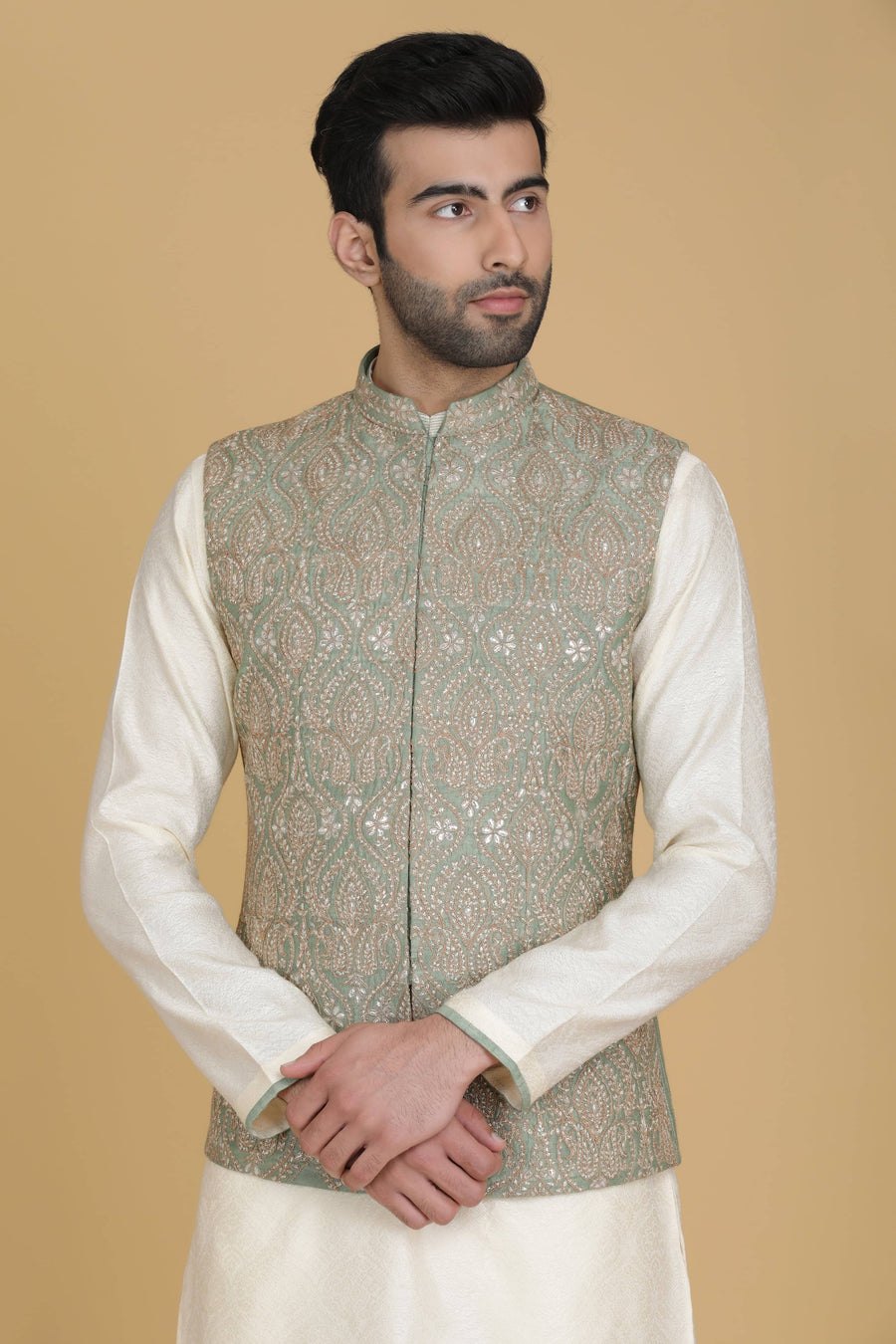 Green Embroidered Nehru Jacket Set
