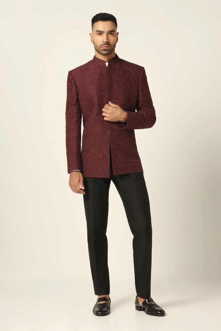 Maroon Embroidered Bandhgala