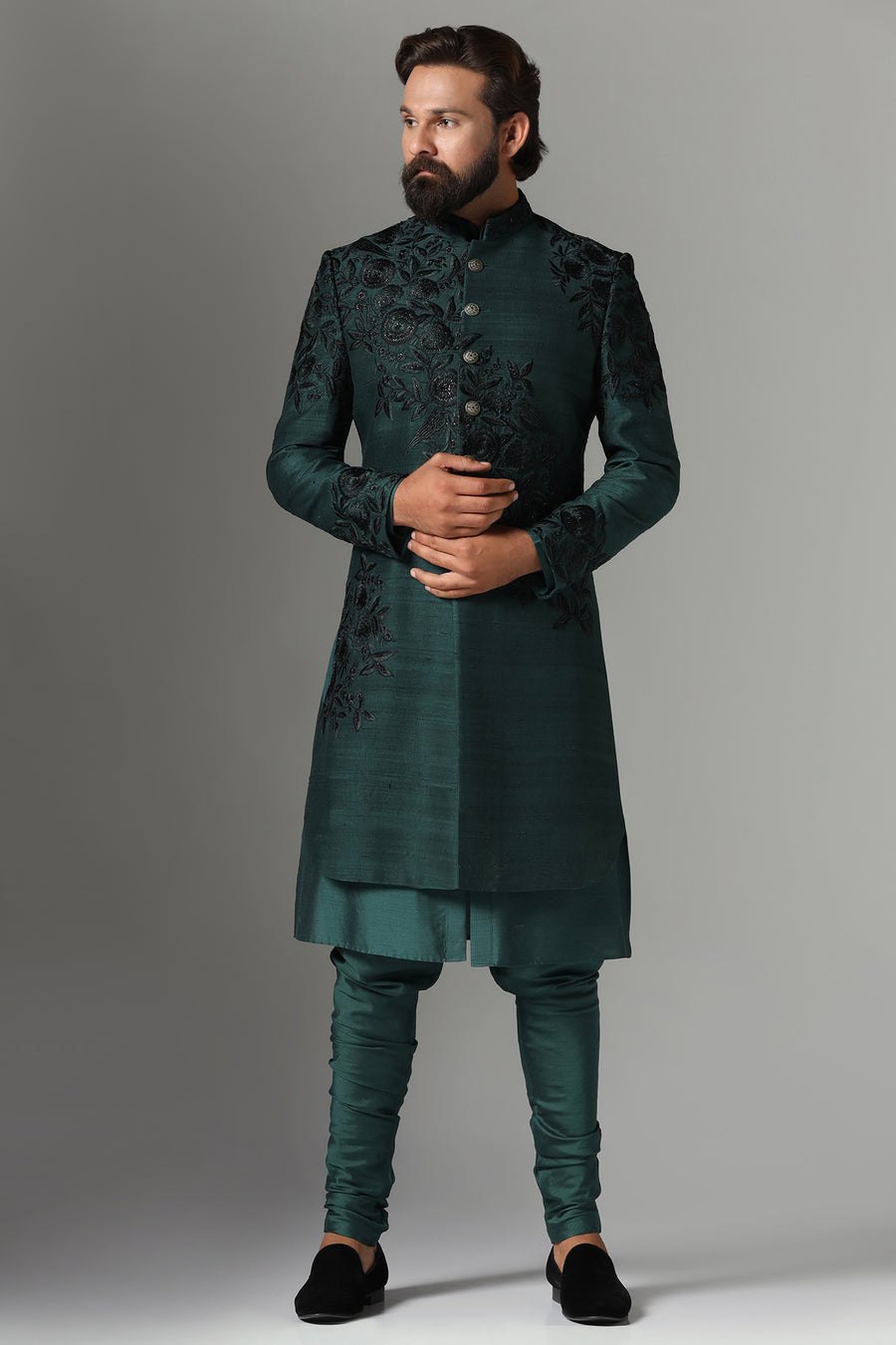 Green Raw-Silk Indo-Western