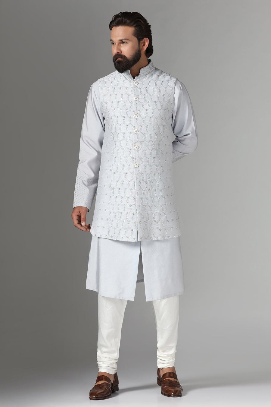 Light Grey Embroidered Nehru Jacket