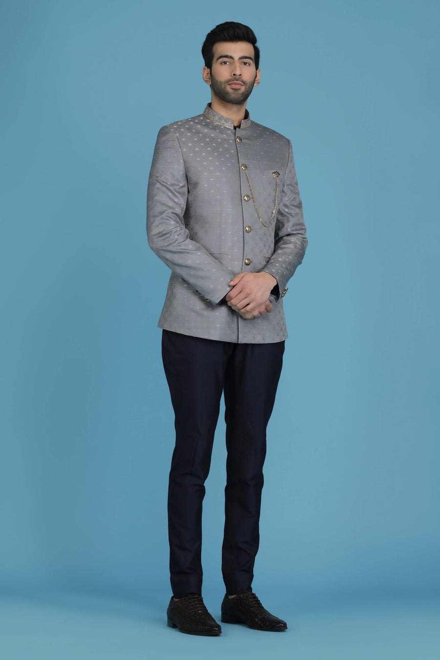 Light Grey Jacquard Bandhgala