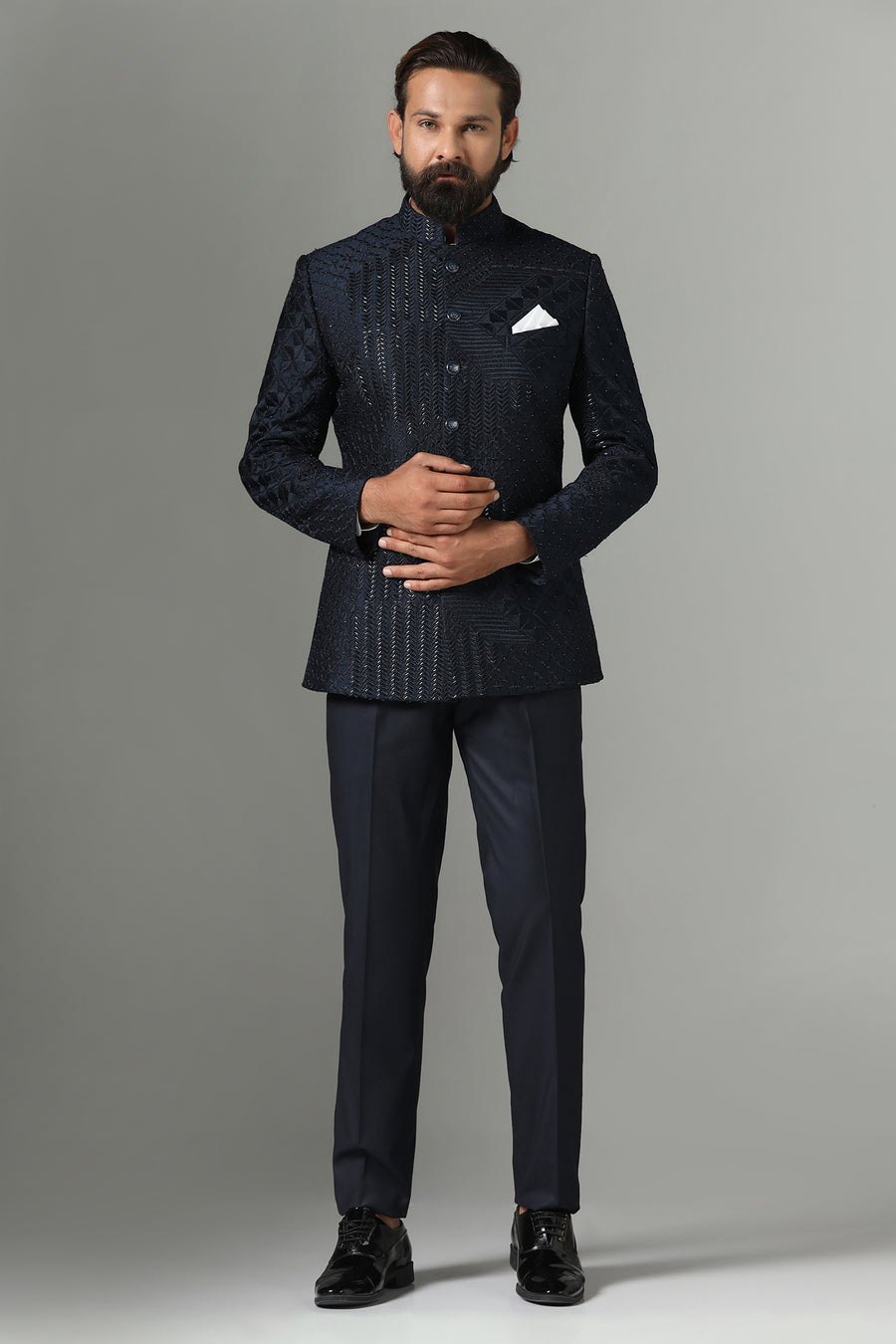 Navy Blue Embroidered Bandhgala