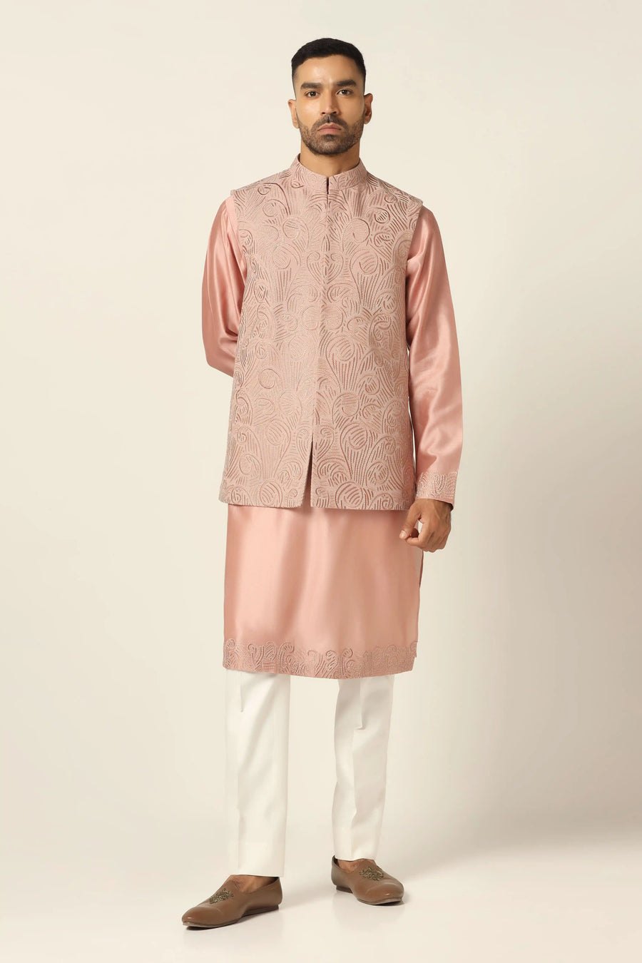Peach Embroidered Nehru set