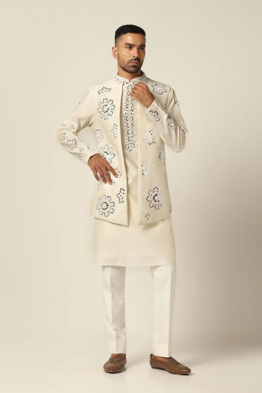 Off-white Embroidered Nehru set