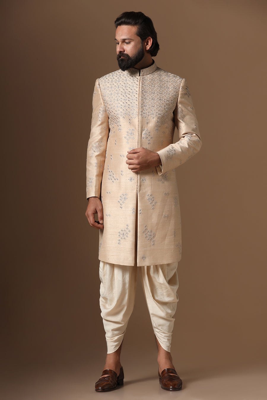 Beige Raw-Silk Indo-Western