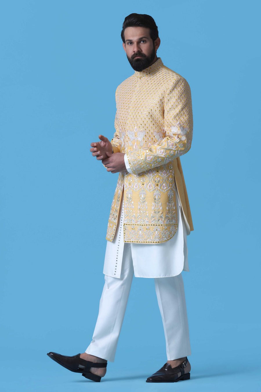 Yellow Embroidered Indowestern
