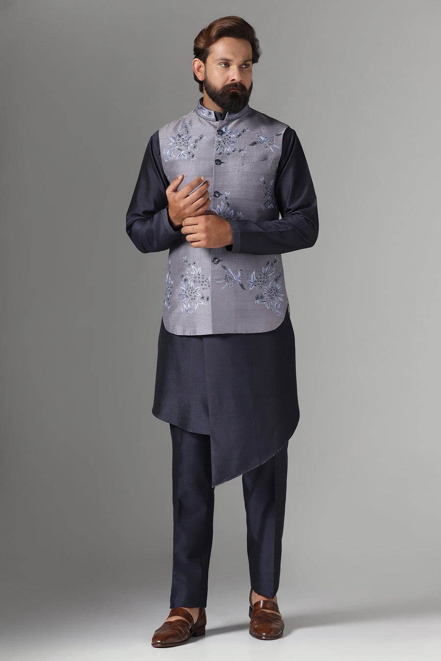 Grey Embroidered Nehru Jacket