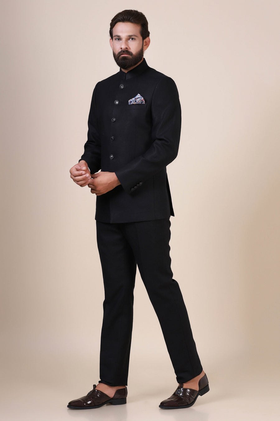 Black Linen Bandhgala Suit