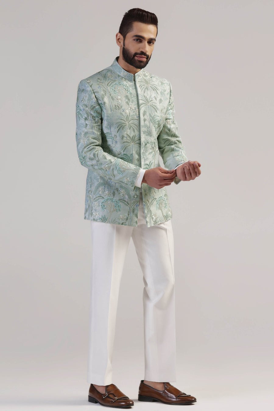 Light Green Embroidered Bandhgala