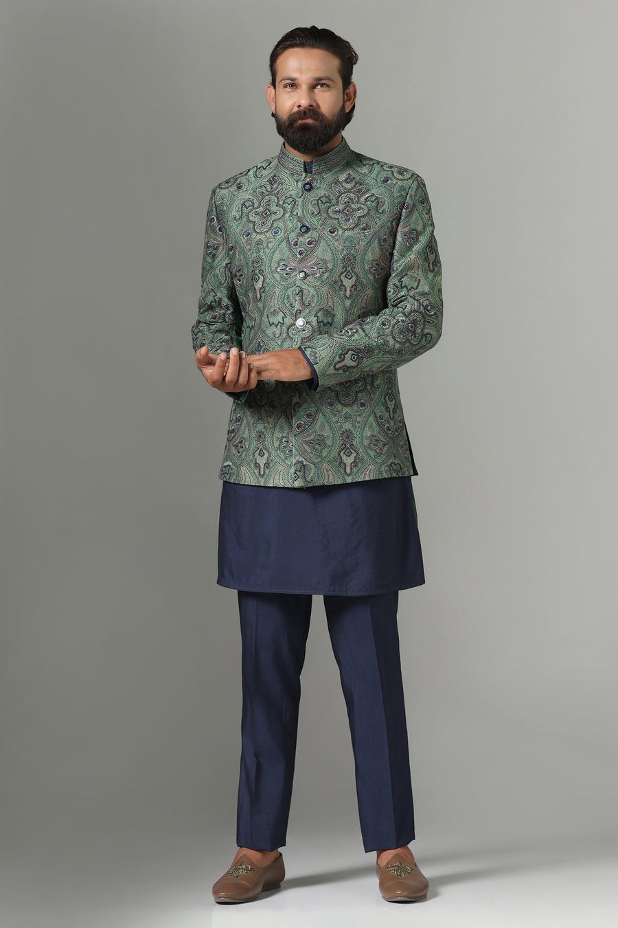 Green Embroidered Bandhgala Suit