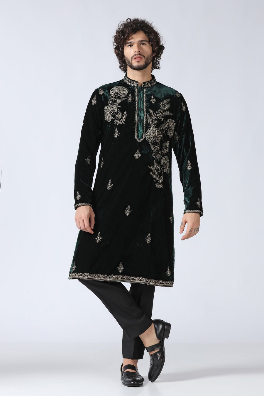 Dark Green Velvet Kurta Set