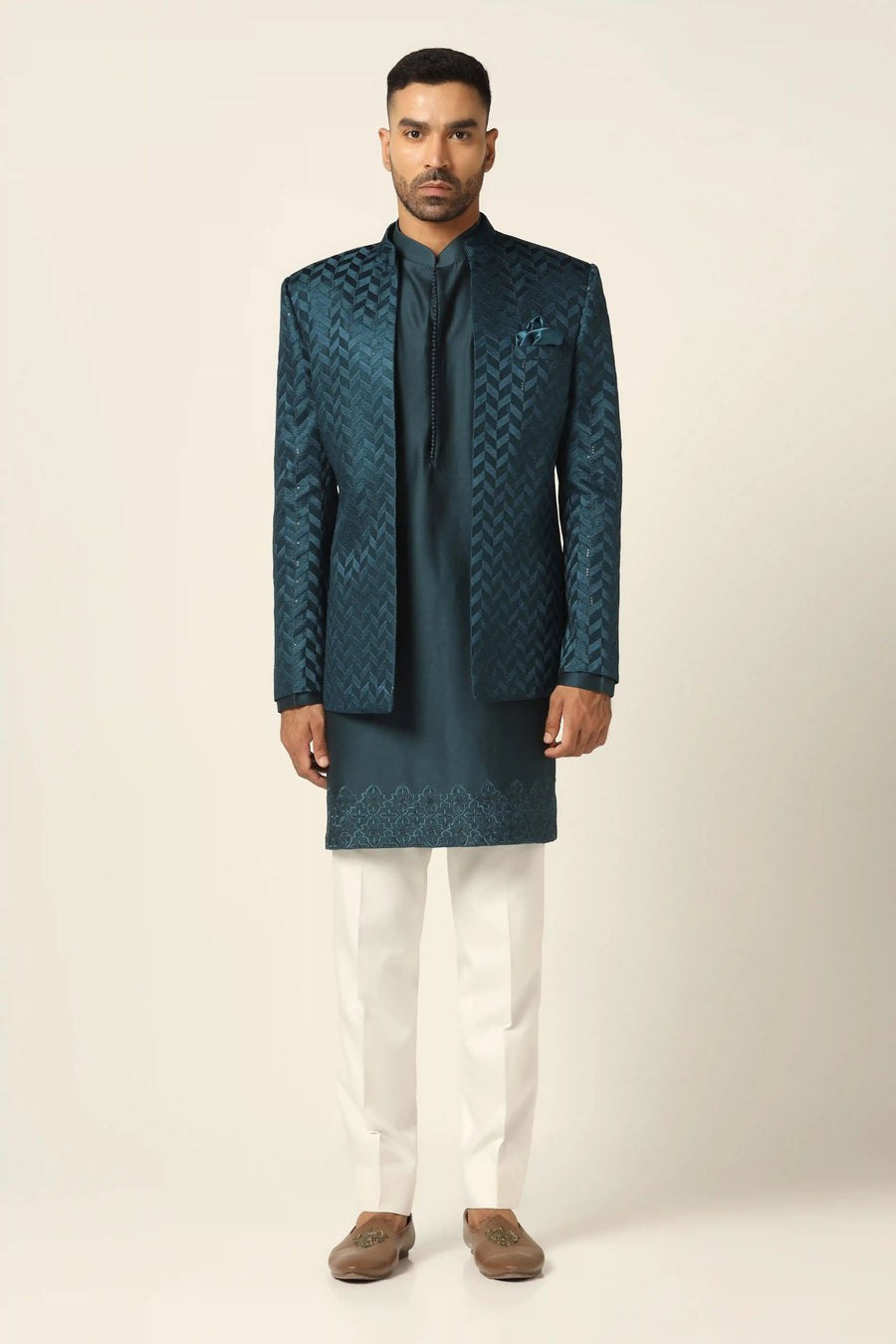 Teal Bandhgala with Embroidery