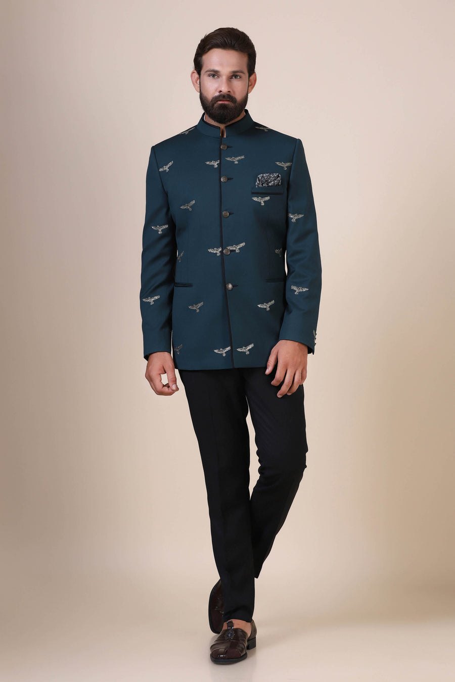 Teal Embroidered Bandhgala Suit