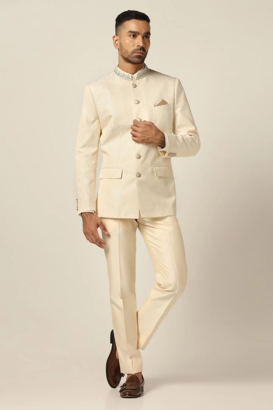 White Bandhgala with Embroidery Work