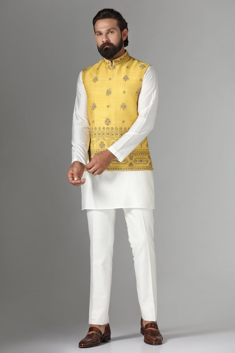 Yellow Raw-Silk Embroidered Nehru Jacket