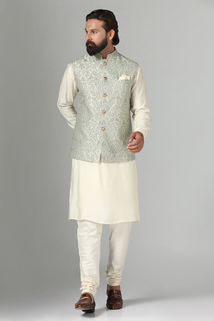 Beige Embroidered Nehru Jacket