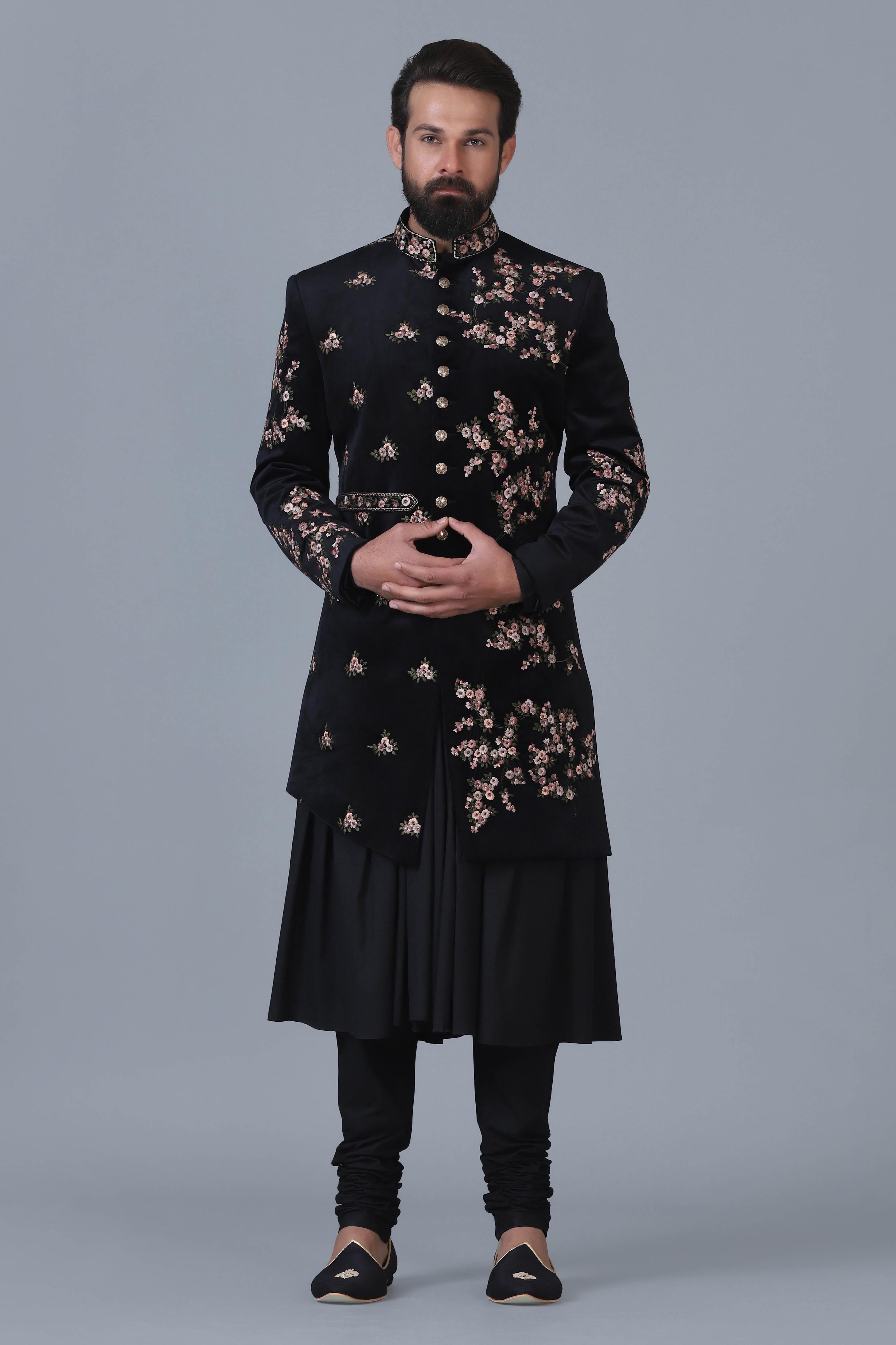 Black Velvet Embroidered Achkan