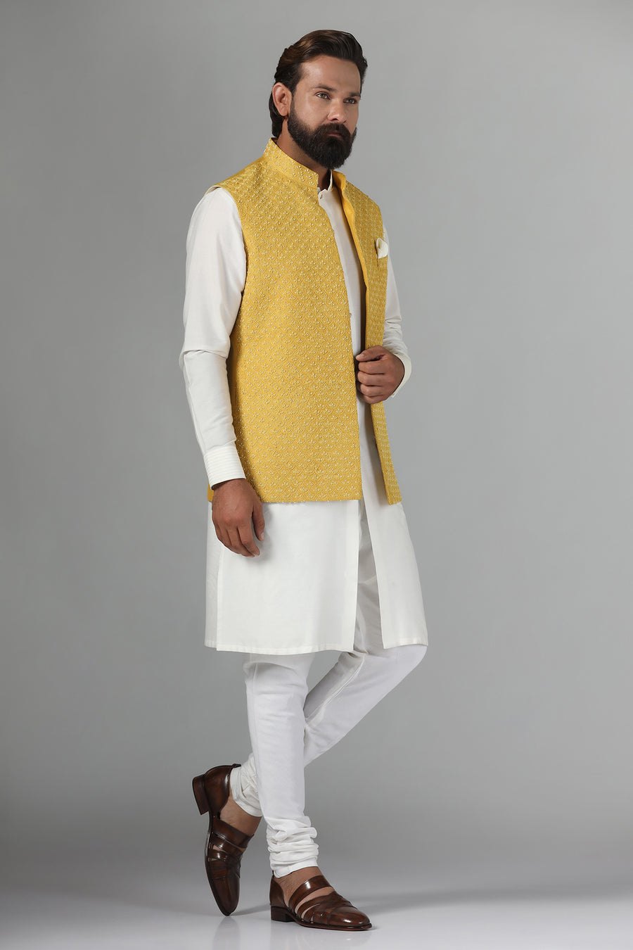 Yellow Embroidered Nehru Jacket