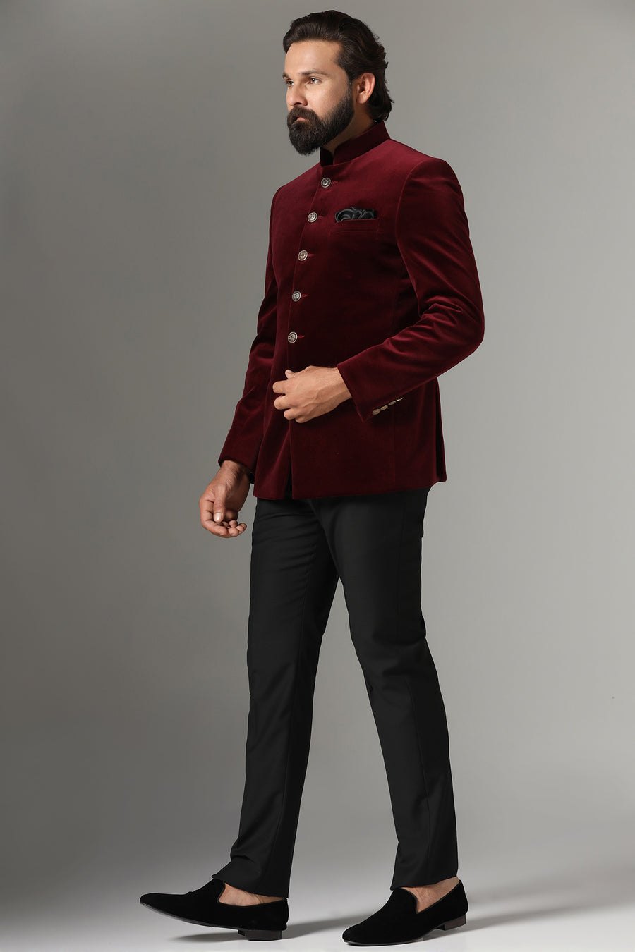 Velvet Maroon Bandhgala suit