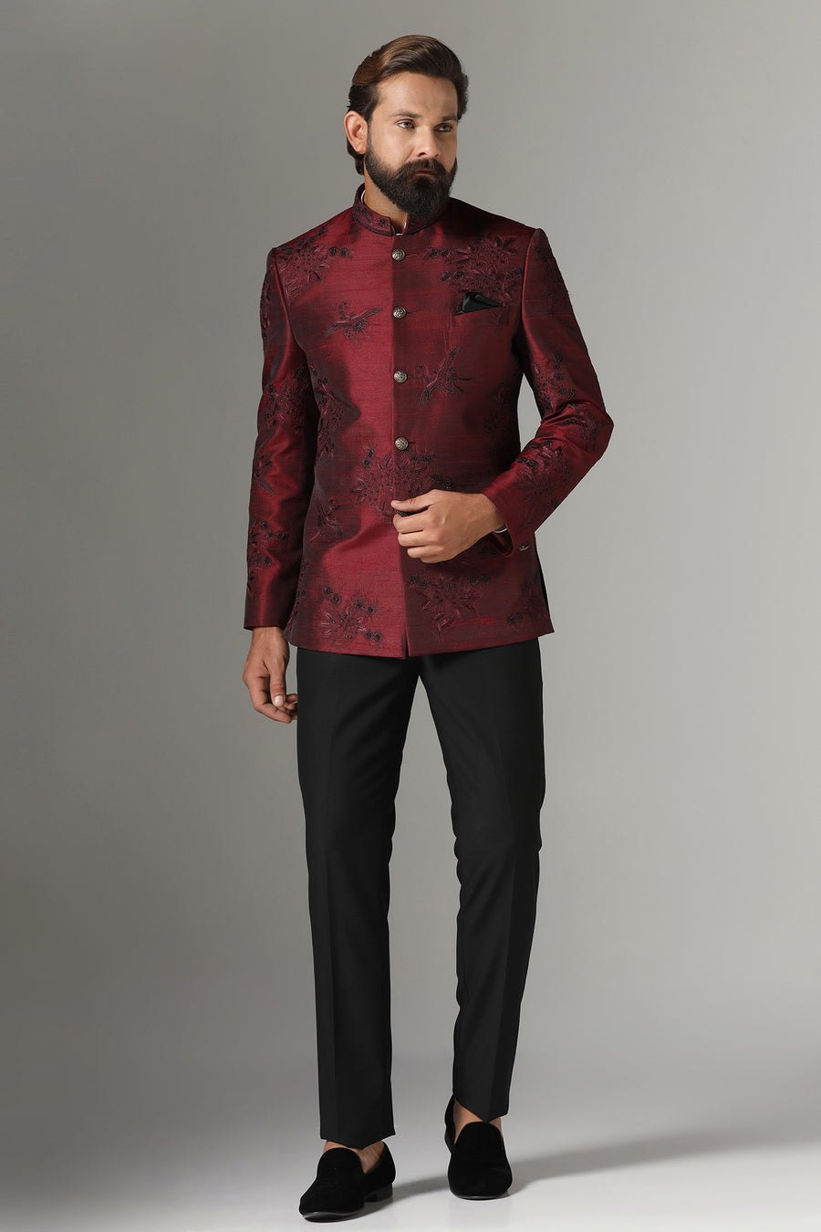 Maroon Raw Silk Bandhgala