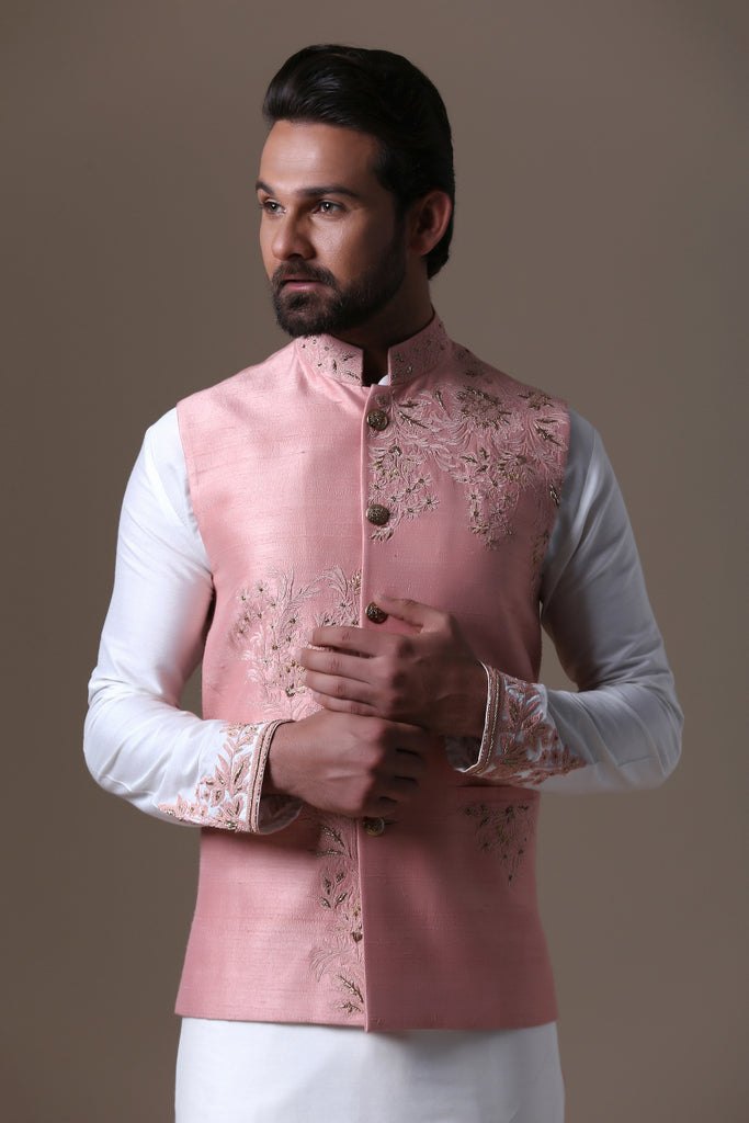 Pink Embroidered Jacket with Kurta Pajama