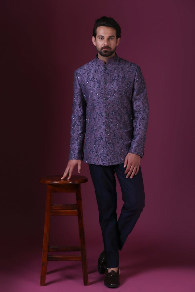 Purple Embroidered Bandhgala Suit