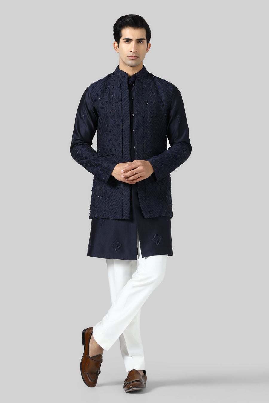 Navy Embroidered Jacket Set