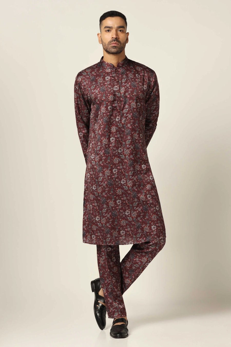 Wine Printed Kurta Pajama