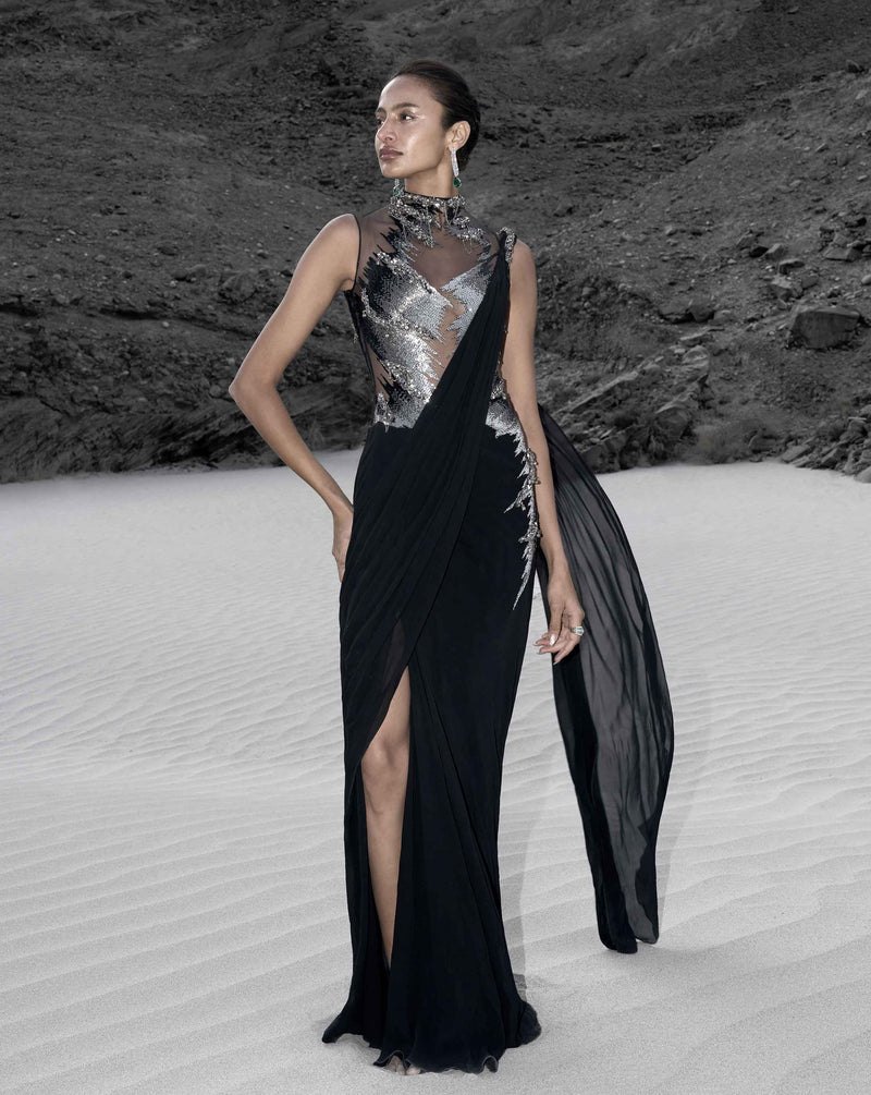 The Embellished Metallic Saree Gown