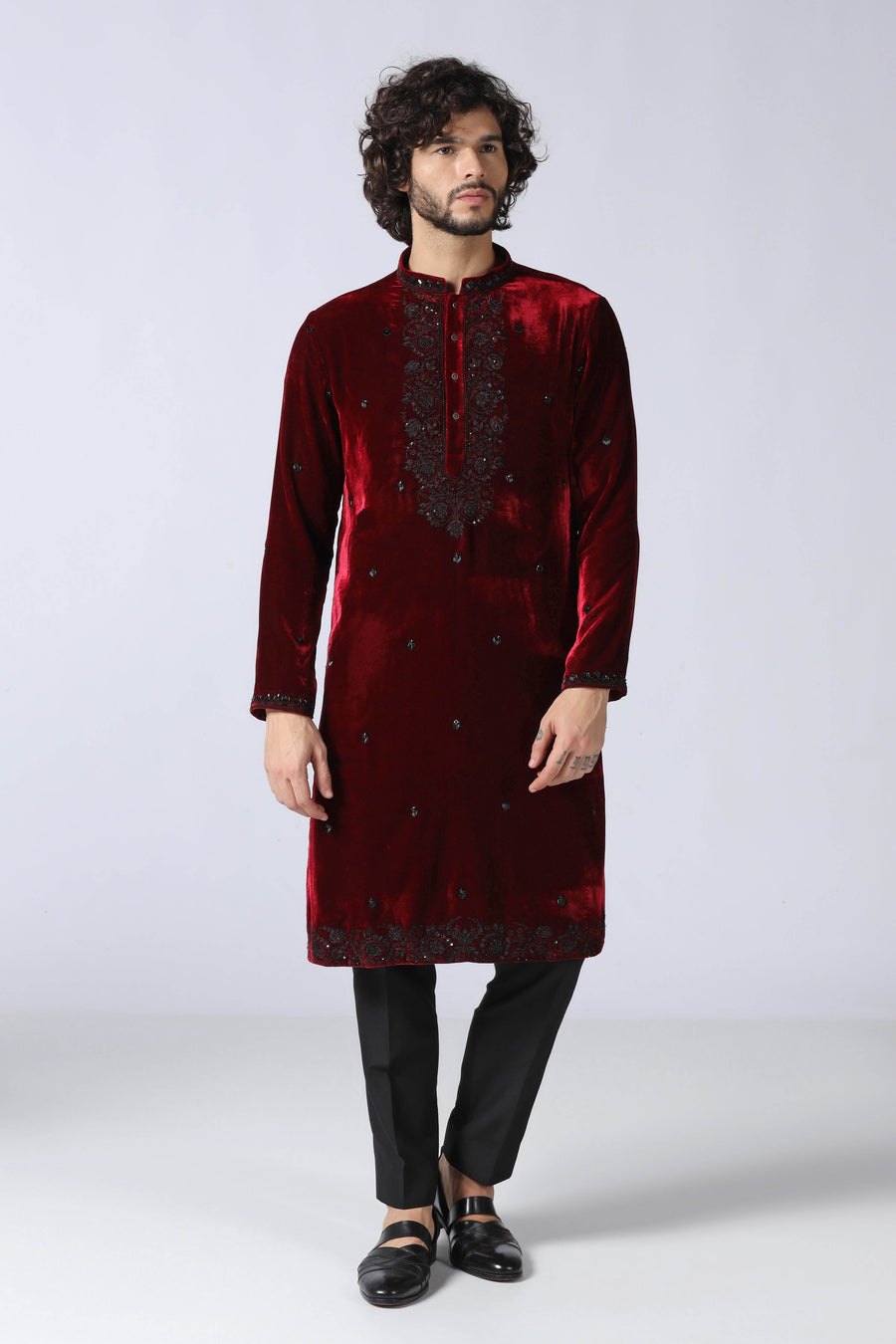Wine Velvet Kurta Set