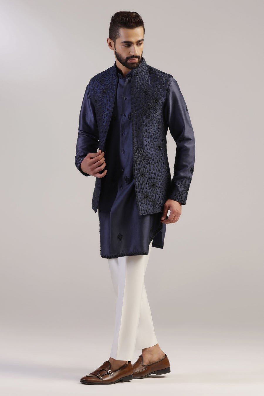 Navy Embroidered Jacket Set