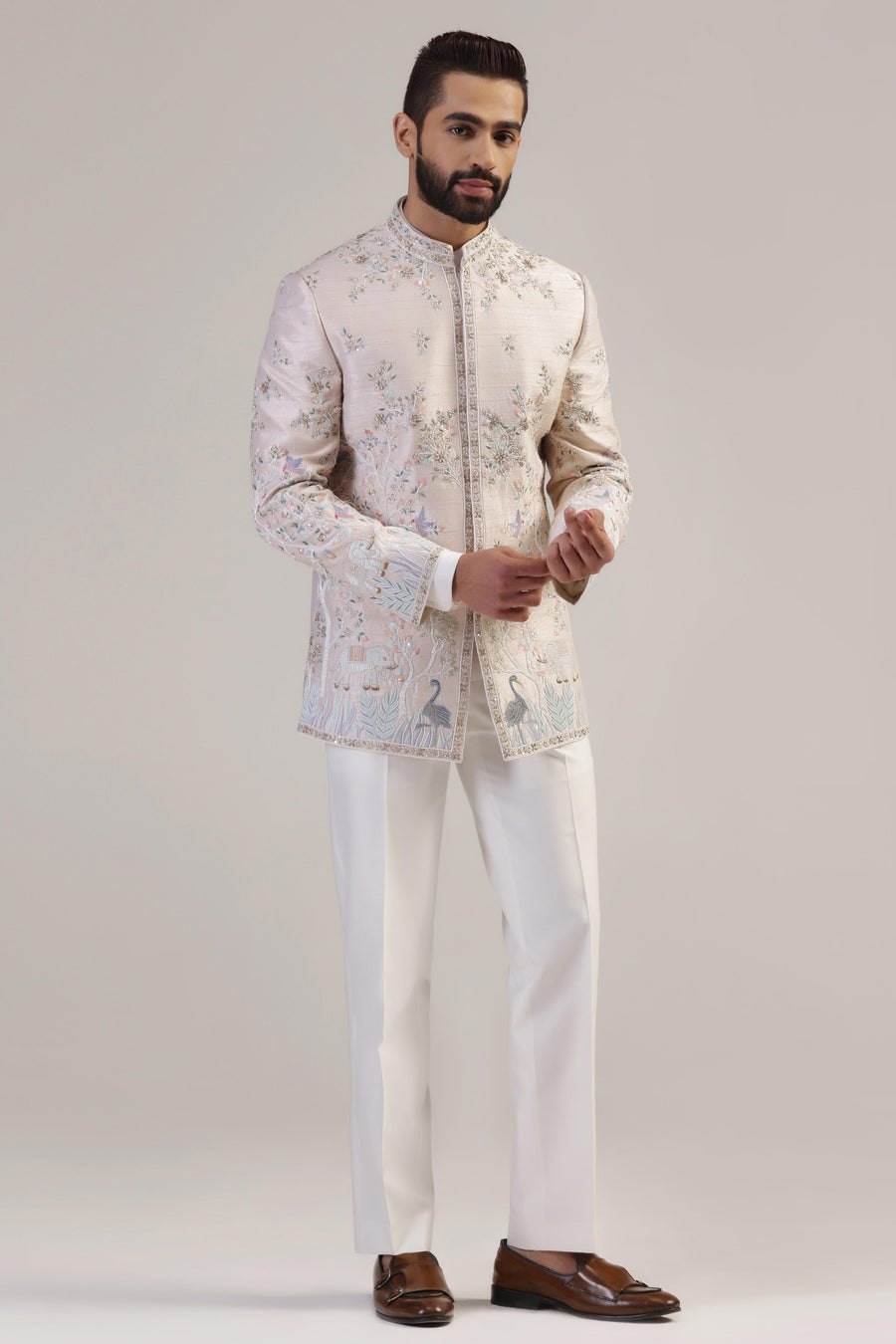 Peach Embroidered Bandhgala
