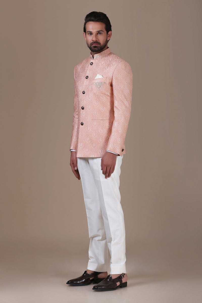 Peach Embroidered Bandhgala