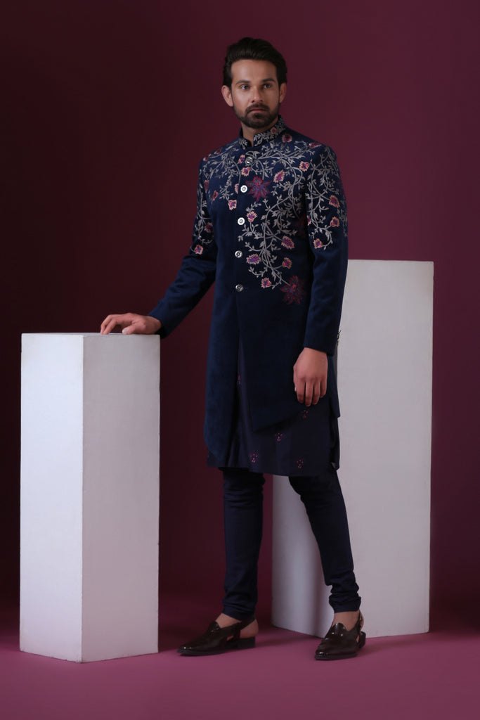 Blue Embroidered Velvet Indowestern