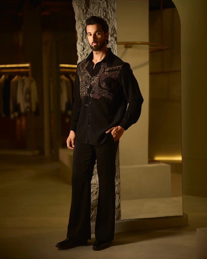 Black With Gold Embroidered Shirt Set