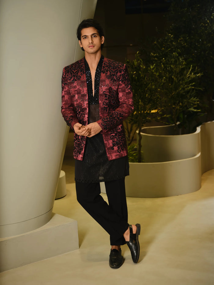 Wine Jacquard With Hand Embroidery