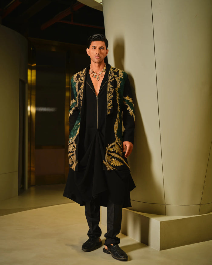 Black Drape With Gold And Emerald Embroidery
