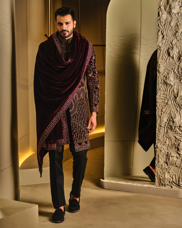 Wine Indo Western With Resham Embroidery