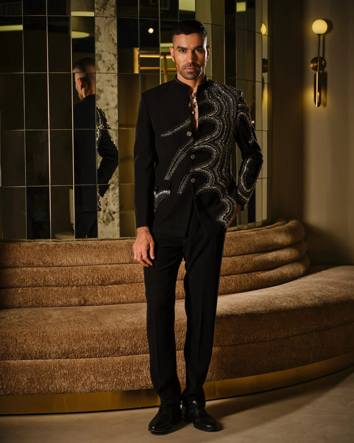 Black Bandhgala With Silver Embroidery