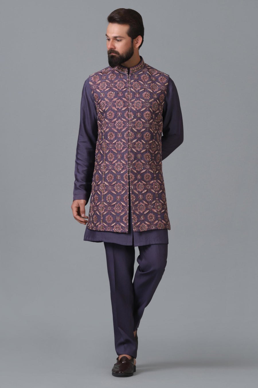 Purple Embroidered Long Nehru Jacket Set