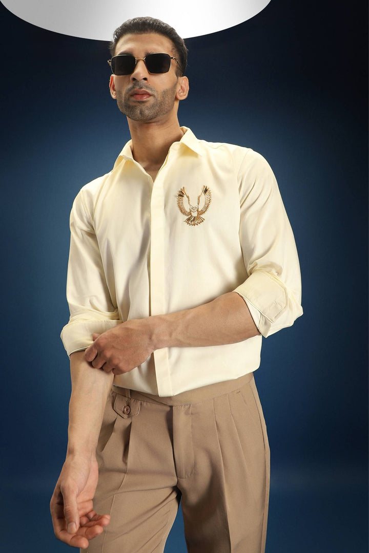 Owl - Hand Embroidered Designer Shirt - Ivory