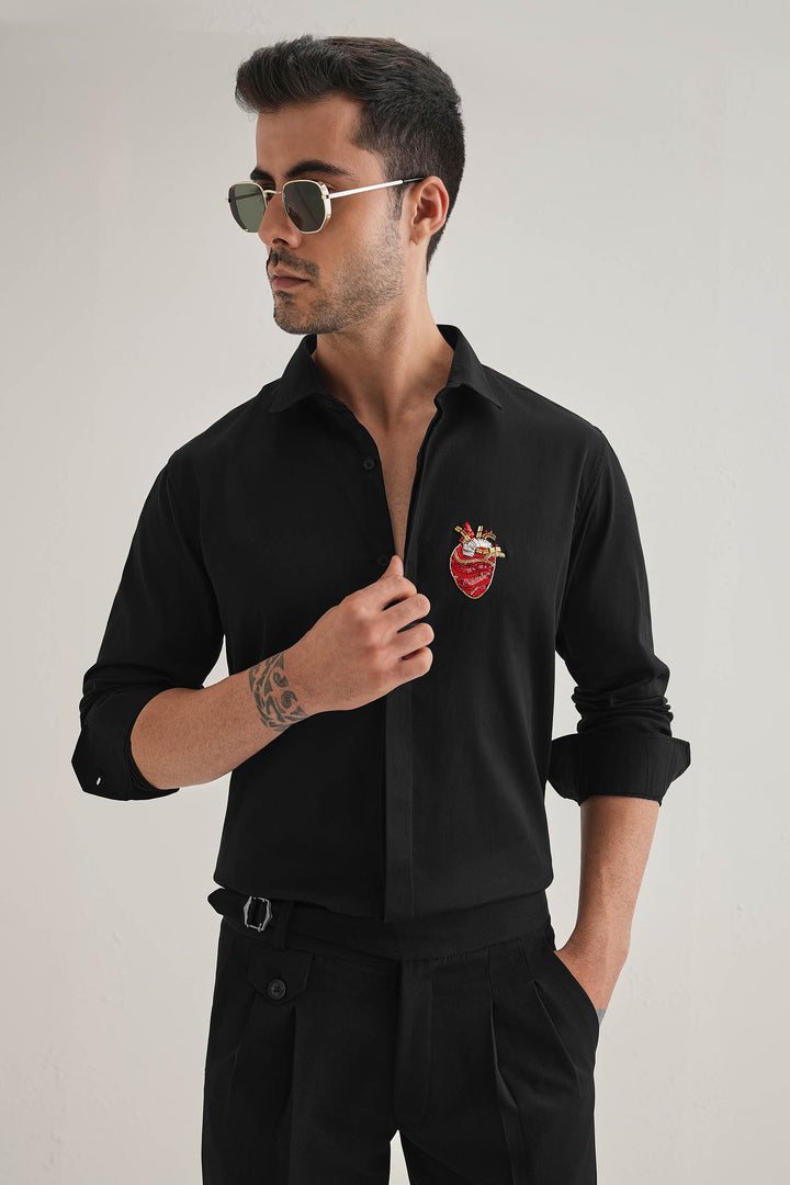 Biological Heart - Hand Embroidered Designer Shirt - Black